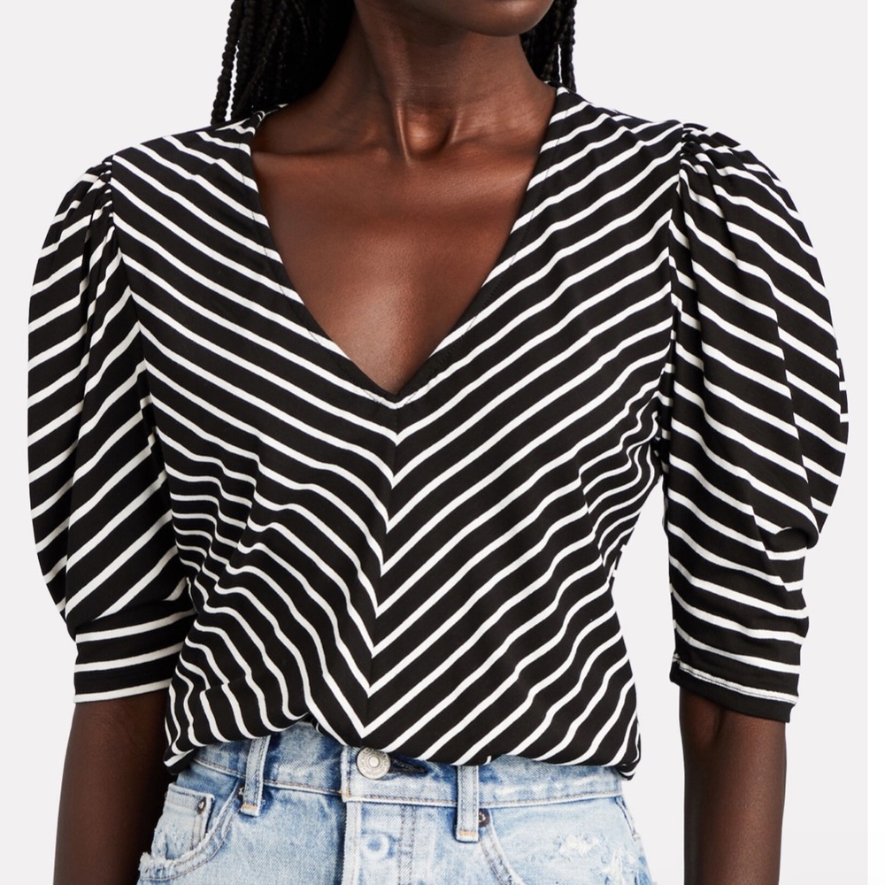 Frame Chevron Stripe Puff-sleeve Shirred Top SizeS